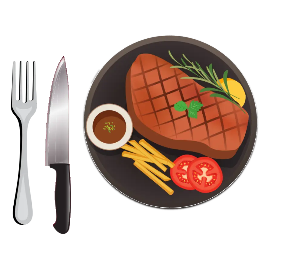 A plate with steak, fries, and vegetables